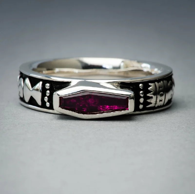 Women’s eternity rings with pave emerald bands -Skeletal Memento Mori Ruby Crystal Ring