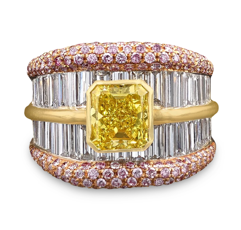 Women’s eternity rings with pave emerald bands -Fancy Vivid Yellow and Pink Diamond Cocktail Ring