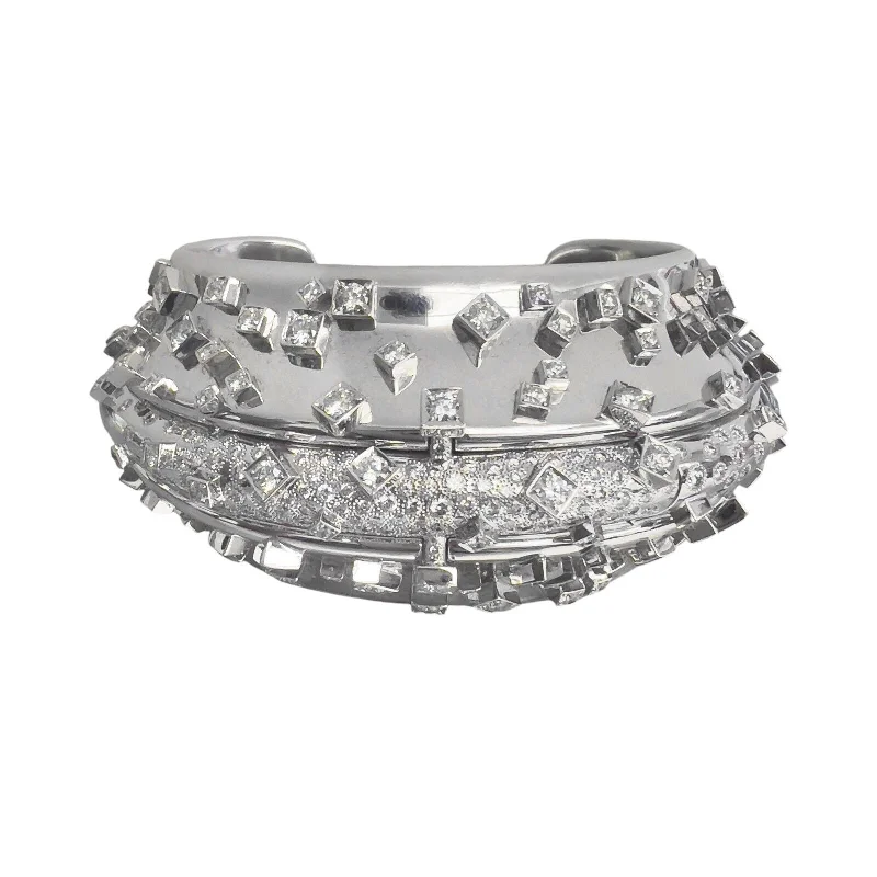 Bangles with herkimer diamonds for raw clarity -Wilfredo Rosado 18k White Gold Diamond Feather Array Cuff Bracelet WR 1051