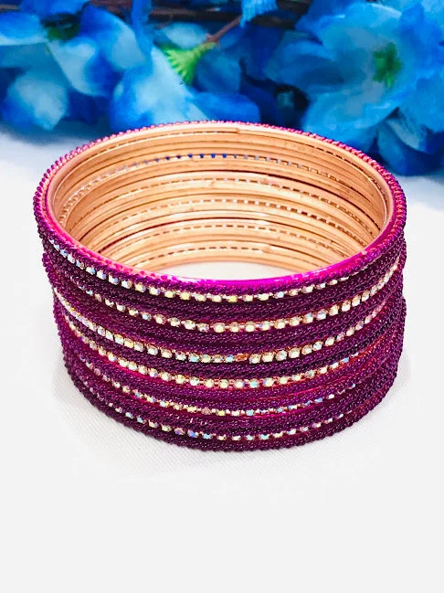 Gold bracelets with delicate diamond charm accents -Gorgeous Purple Colored White Stoned Metal Bangles For Women