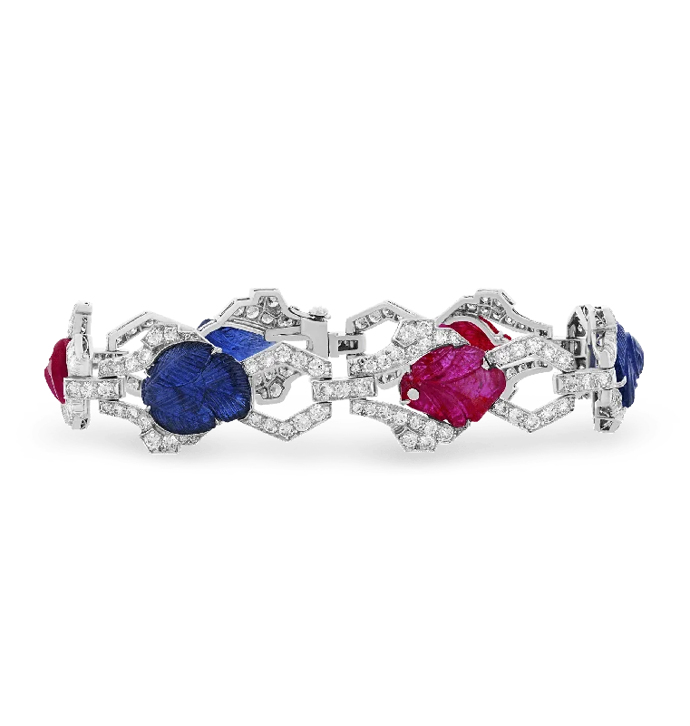 Bangles with bold hematite for metallic shine -Art Deco Ruby & Sapphire Bracelet