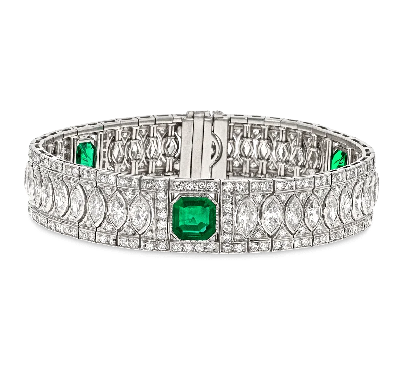 Bangles with chunky designs for statement wear -Art Deco Untreated Colombian Emerald and Diamond Bracelet