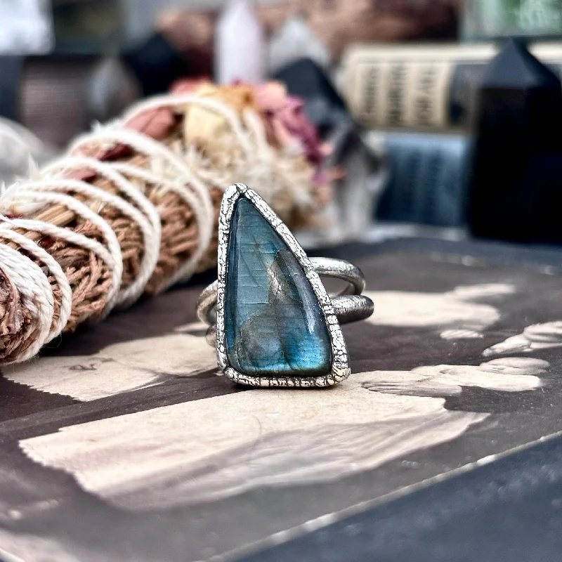 Women’s statement rings with large coral gems -Blue Labradorite Ring Silver Size 10 / Foxlark Crystal Jewelry Collection