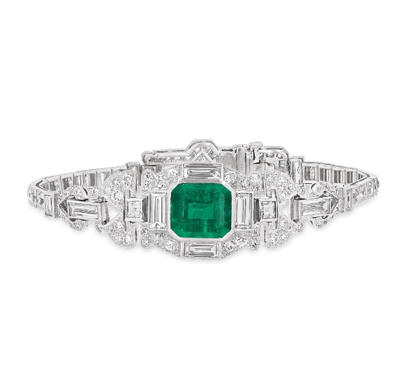 Bangles with mandala engravings for mindfulness -Art Deco Colombian Emerald and Diamond Bracelet