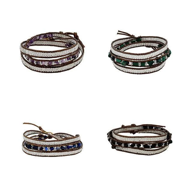 Silver bangles with polished mirror finish shine -Stone 3x Wrap Earth Collection Bracelet