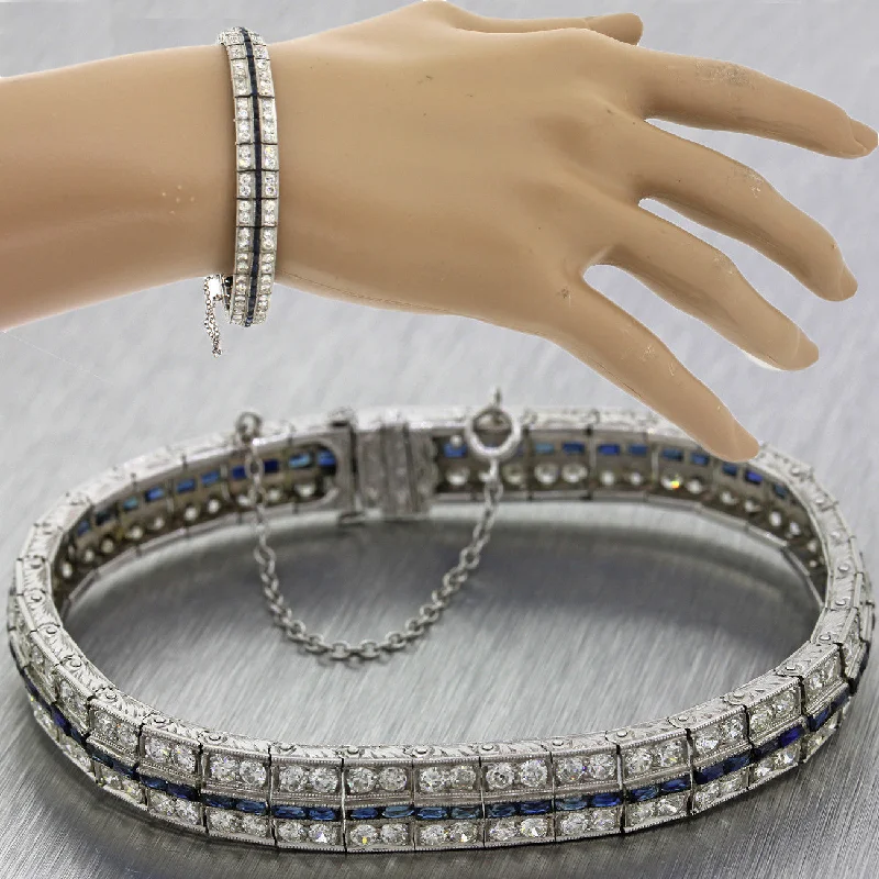 Bracelets with garnet stones for deep red -1930s Antique Art Deco Solid Platinum 5.76ctw Diamond Sapphire Tennis Bracelet