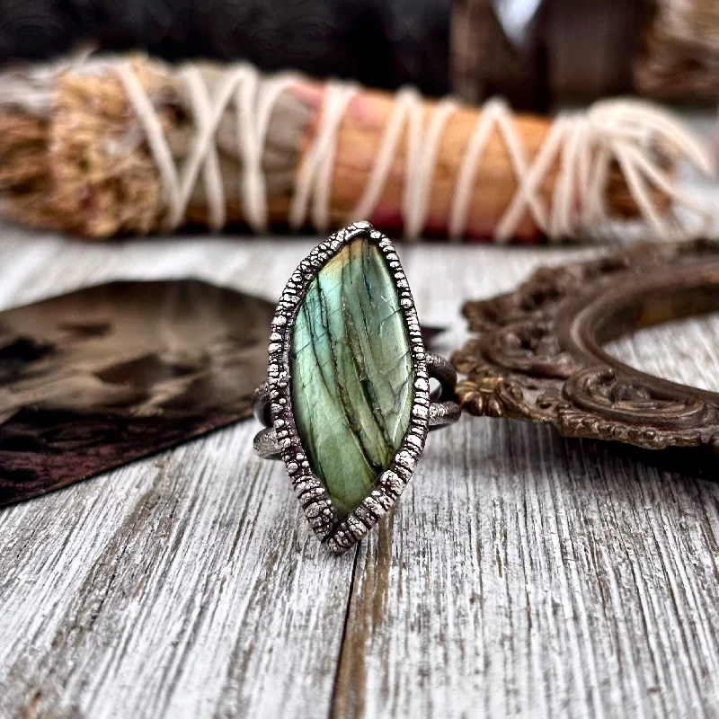 Women’s rings with engraved constellations for stars -Blue Green Labradorite Ring Silver Size 8 / Foxlark Crystal Jewelry Collection