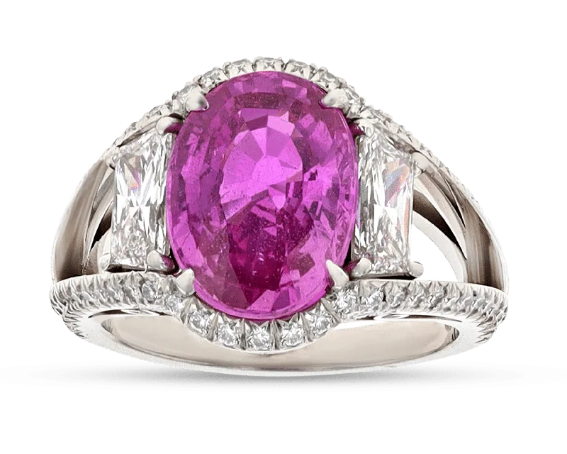 Women’s rings with spiral onyx for contrast -Pink Sapphire Ring, 4.44 Carats