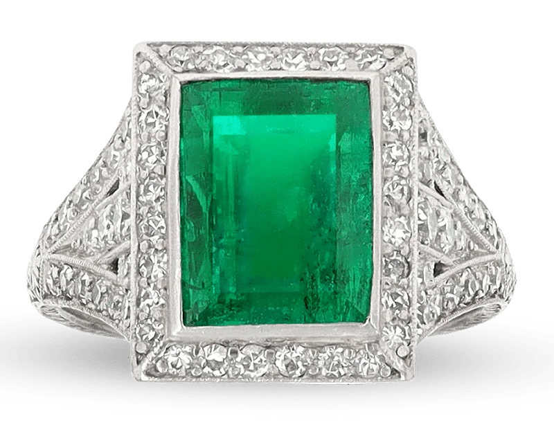 Women’s rings with polished peacock ore glow -Colombian Emerald Art Deco Ring, 4.00 Carats