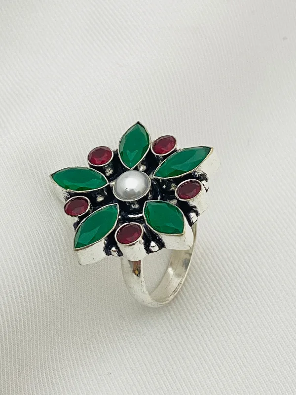 Women’s rings with carved rose quartz designs -Elegant Emerald And Ruby stone Beaded Designer Ring With Pearl Bead For Women