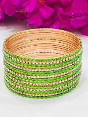 Thin bangles perfect for layering multiple styles -Dazzling Green Colored Metal Bangles With Stones For Women