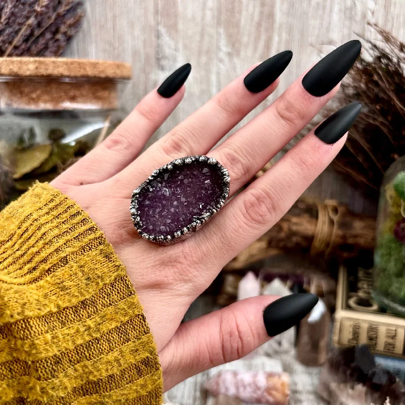 Women’s rings with engraved floral band patterns -Raw Purple Amethyst Crystal Druzy Geode Ring in Fine Silver Size 7 / Foxlark Collection