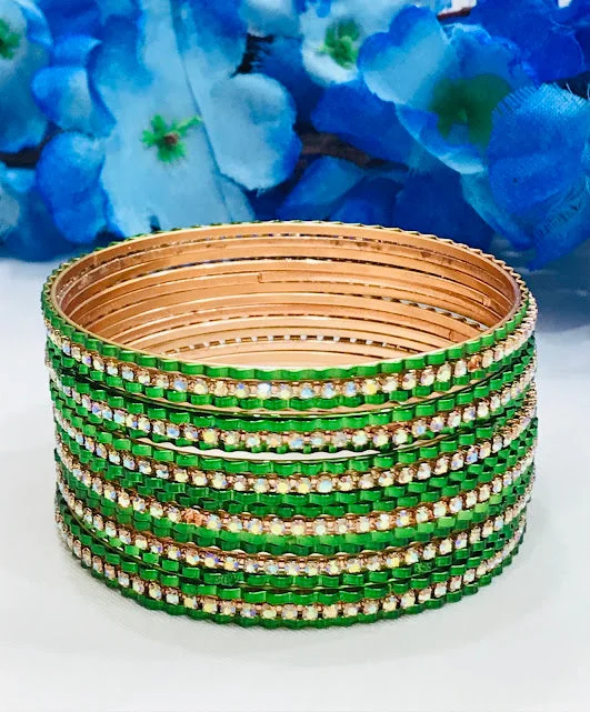 Bangles with hammered silver for rustic appeal -Exquisite Green Color Metal Bangles With Stones For Women