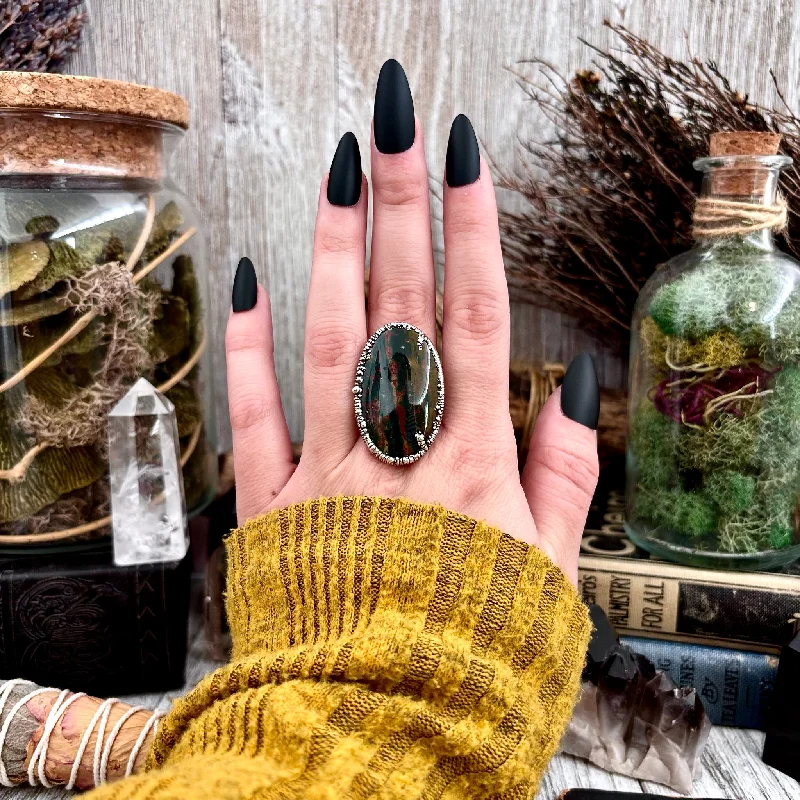 Women’s rings with spiral onyx for contrast -Bloodstone Crystal Statement Ring Size 9.5 Fine Silver / Foxlark Collection