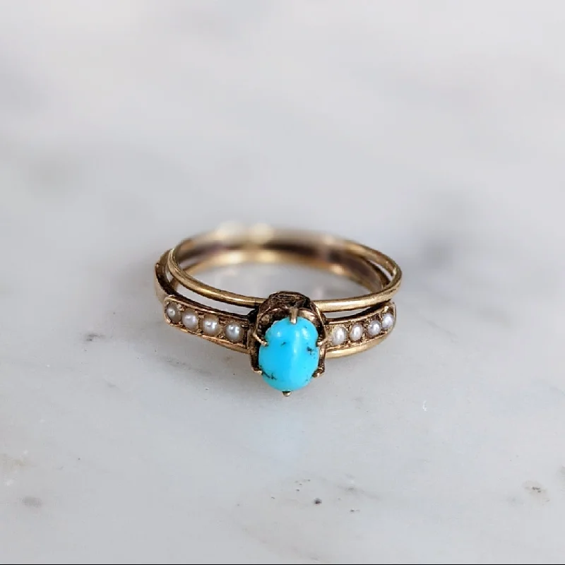 Women’s rings with tiger eye band warmth -Victorian 14K Gold Turquoise Seed Pearl 3 Band Ring