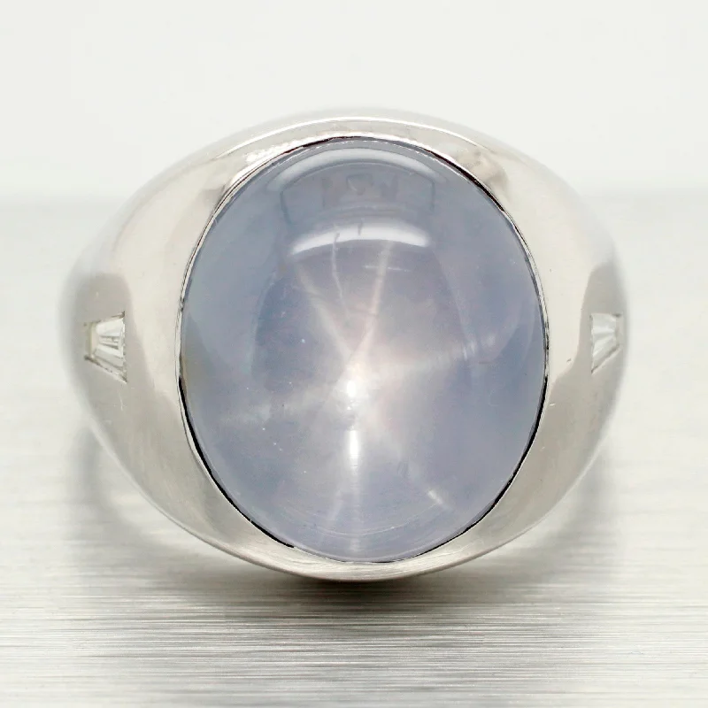 Women’s signet rings with bold family crests -Vintage 18ct Star Sapphire Signet Ring w/ .50ctw Diamond Accent 14k White Gold