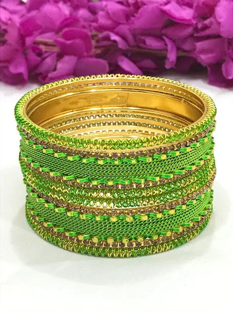 Bracelets with adjustable chains for perfect fit -Impressive Green Color Metal Bangles Set For Women