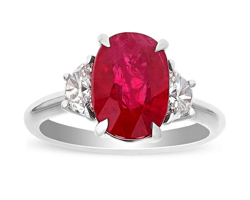 Women’s slim rings with pave sapphire accents -Burma Ruby Ring, 4.39 Carats