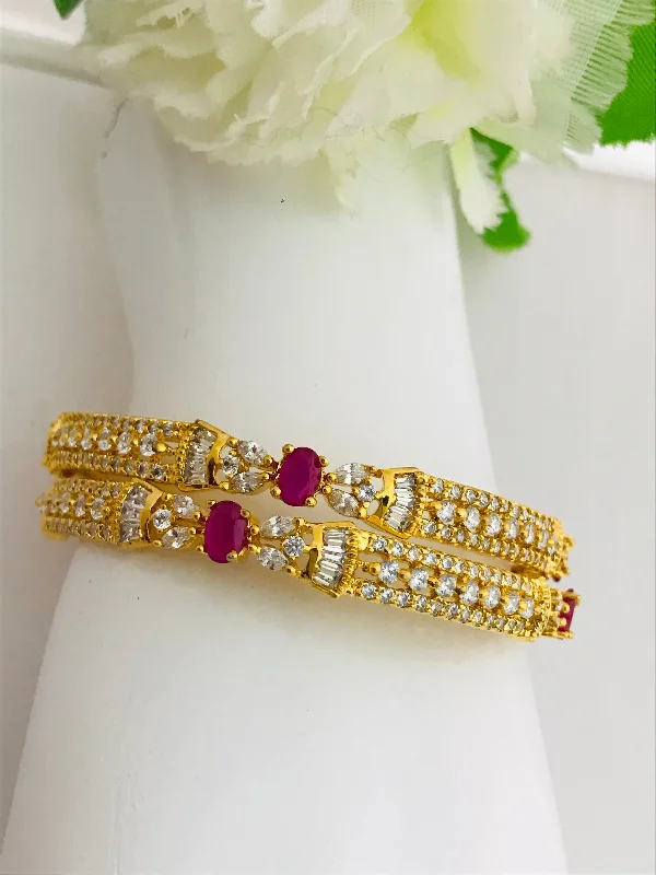 Bracelets with opal gems for iridescent glow -Modern Gold Plated Antique Bangles With Ruby And White Stones