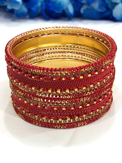 Bangles with bold onyx stones for contrast -Delightful Traditional Red Color Metal Bangles For Women