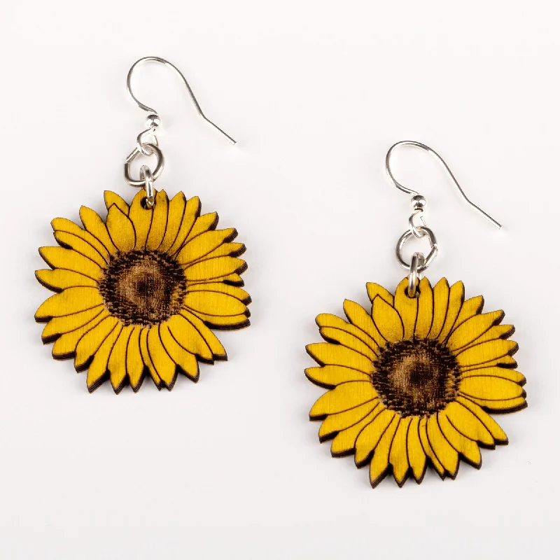 Hoop earrings with leather accents for a sleek and bold combination-Sunflower Wooden Earrings