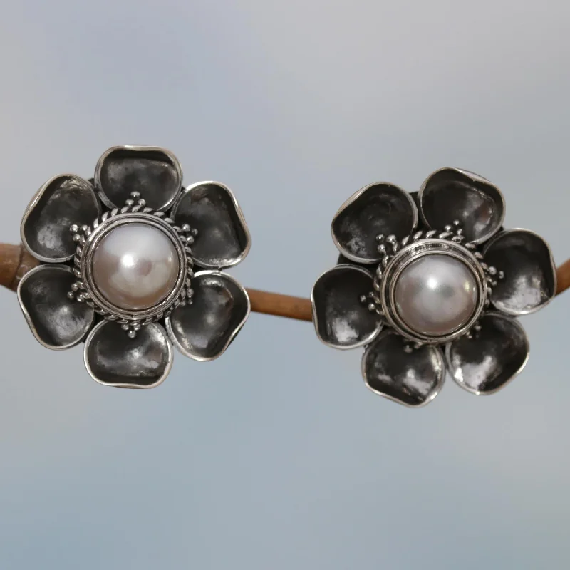 Hoop earrings with hammered copper for a warm and rustic aesthetic-Blooming White Roses Mabe Silver Earrings