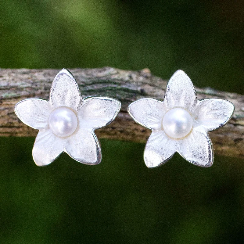 Best hoop earrings with minimalist designs for a clean and modern aesthetic-Blossom Pearl Silver Flower Button Earrings