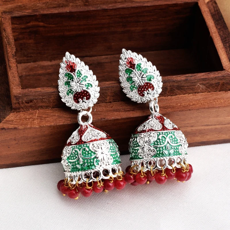 Best hoop earrings with braided leather for a rustic, stylish finish-Red & Green mix Shiny Silver Enamel Jhumki Earrings