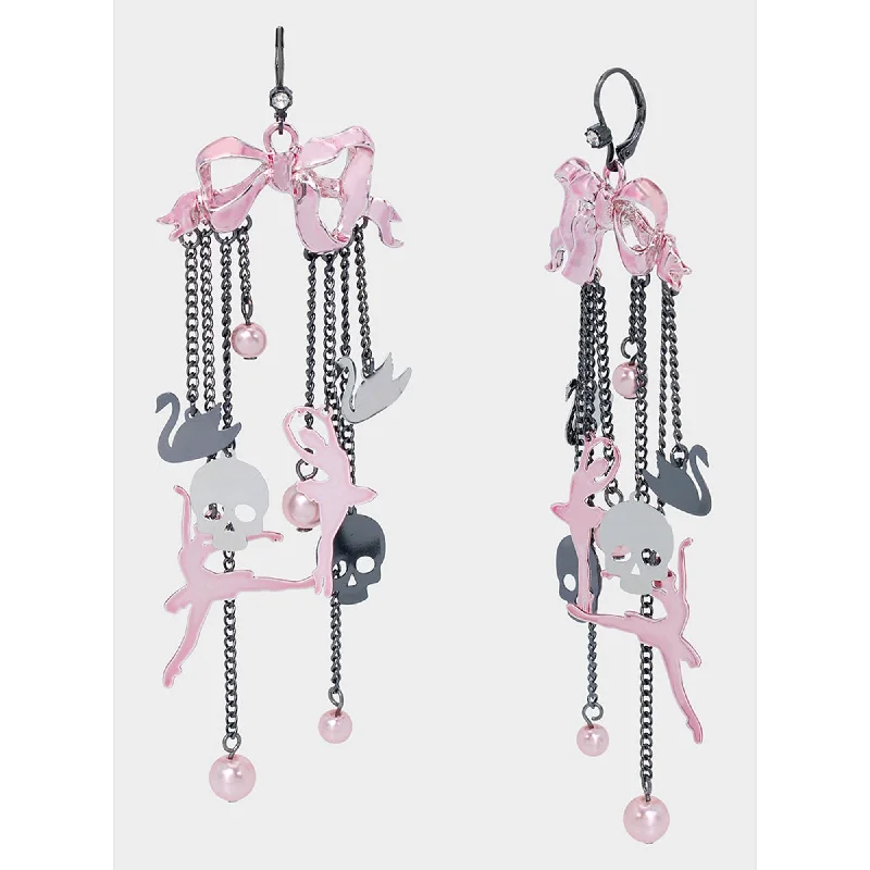 Hoop earrings with hearts for a sweet and romantic gesture-Fly By Night Bow Ballerina Chandelier Earrings Pink