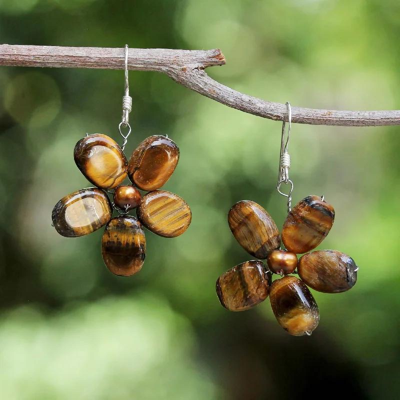 Hoop earrings with hearts for a sweet and romantic gesture-Paradise Pearl & Tiger's Eye Flower Earrings