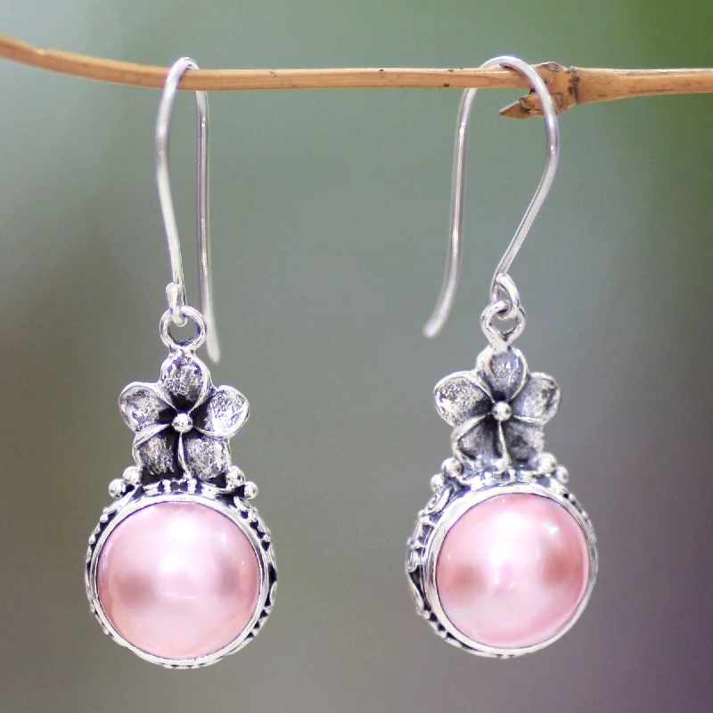 Best hoop earrings with textured silver for a rustic and organic finish-Pink Frangipani Pearl Silver Dangle Earrings