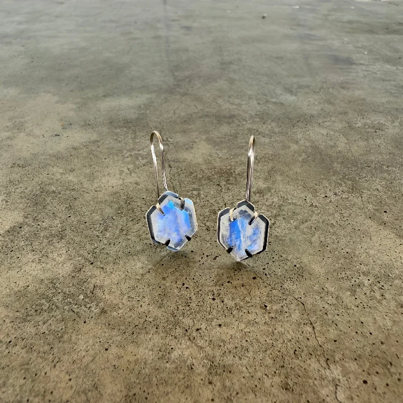 Hoop earrings with artistic filigree designs for an intricate, delicate finish-rainbow moonstone hexagon earrings