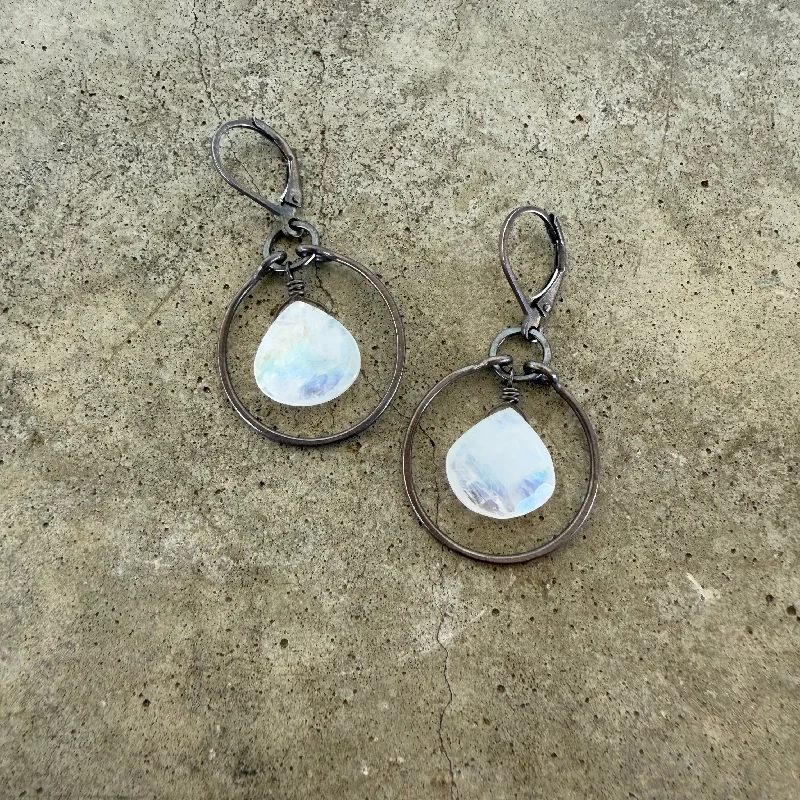 Best hoop earrings with geometric hexagon shapes for a modern, angular look-rainbow moonstone stirrup earrings