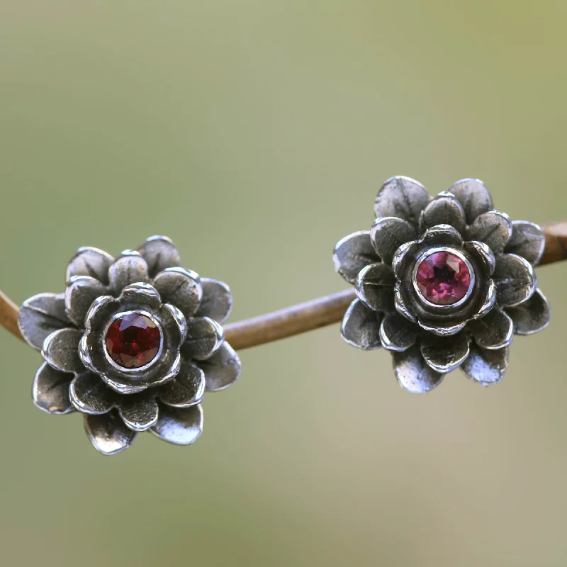 Lightweight hoop earrings for comfortable and all-day wear-Red-Eyed Lotus Garnet Button Earrings