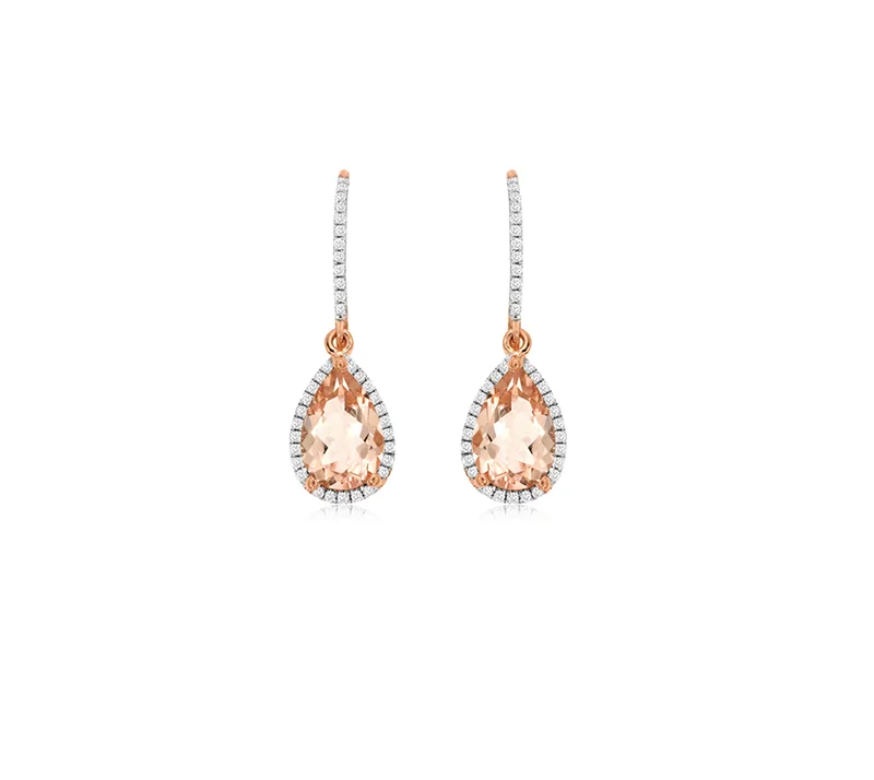 Large hoop earrings for a bold and statement-making fashion accessory-Sabel Collection Rose Gold Pear Morganite and Diamond Halo Earrings