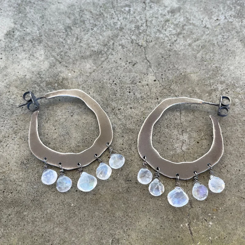 Hoop earrings with removable pendants for a versatile and customizable accessory-small rainbow moonstone rough cut hoops