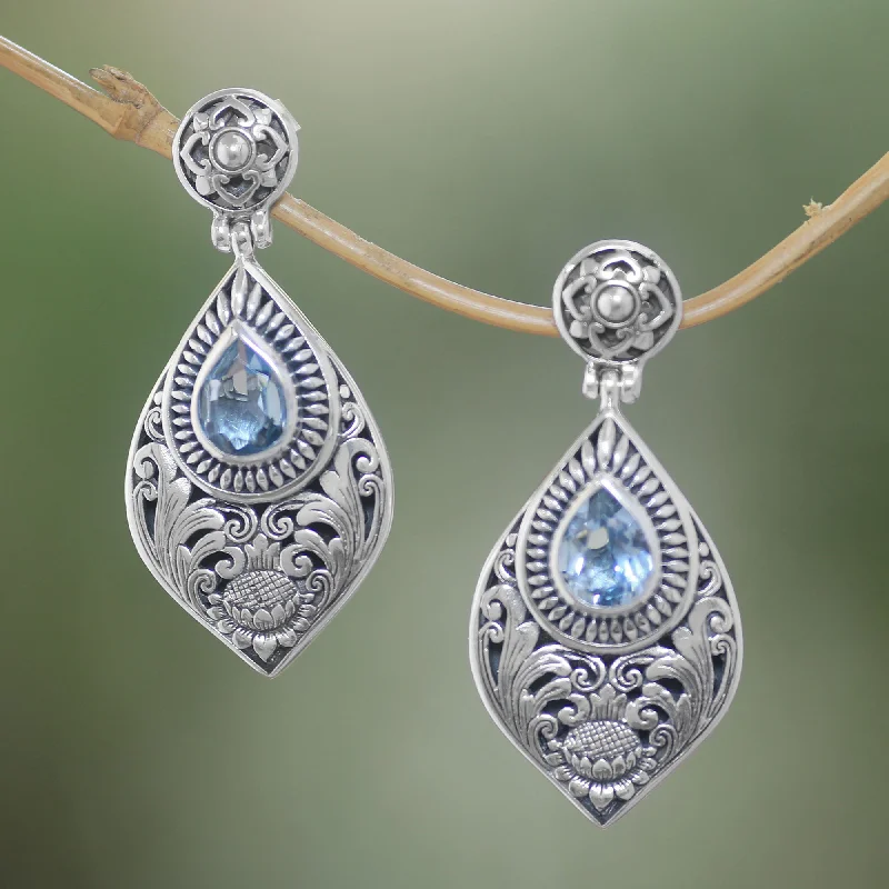 Hoop earrings with snake print designs for an edgy, wild appearance-Tari Lotus Blue Topaz & Silver Dangle Earrings