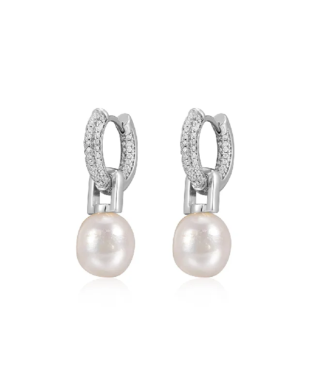 Hoop earrings with polished silver finish for a shiny, modern appeal-The Pave Pearl Amalfi Huggies