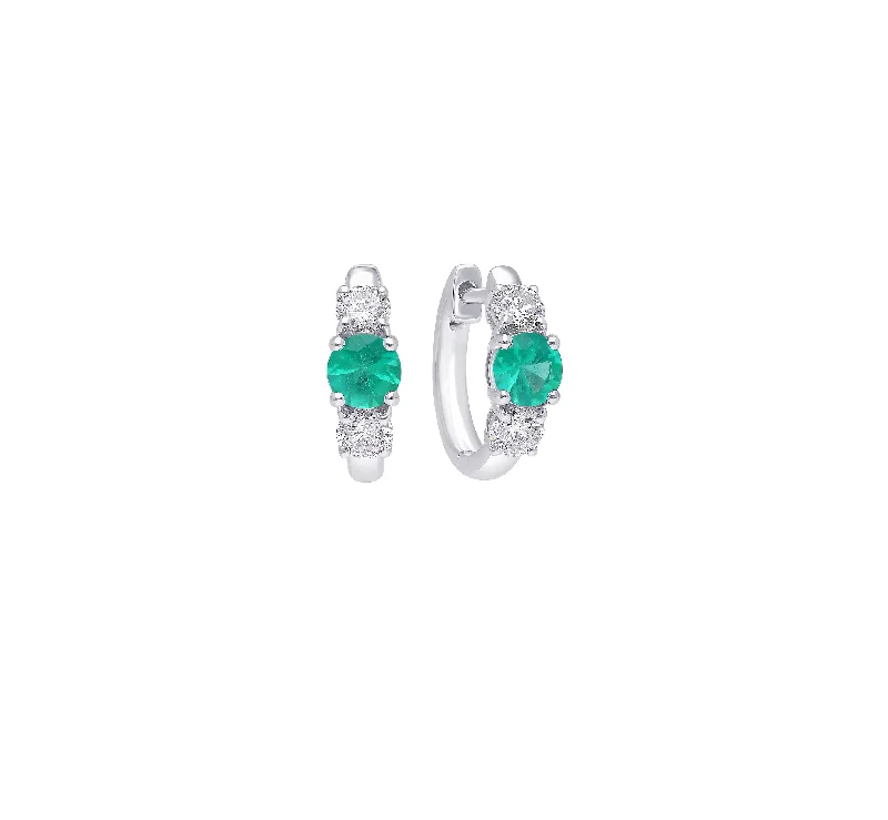 Best hoop earrings with textured silver for a rustic and organic finish-Sabel Collection White Gold Round Emerald and Diamond Hoop Earrrings