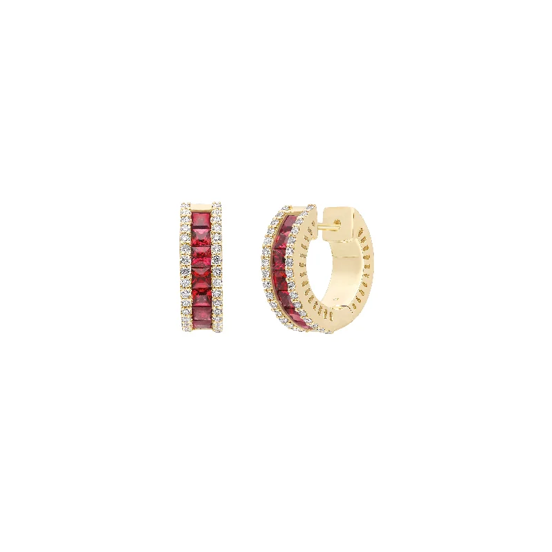 Hoop earrings with twisted leather for a chic and modern boho look-Sabel Collection Yellow Gold Square Ruby and Diamond Huggie Earrings