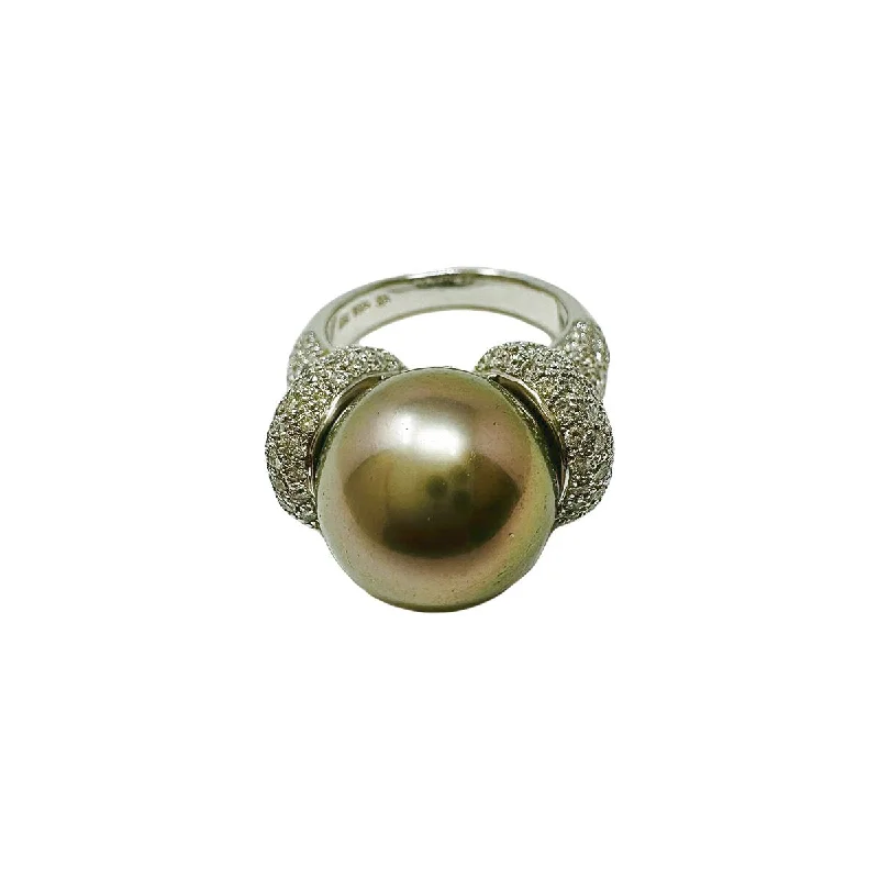 Women’s vintage rings with ornate rose-cut stones -18K White Gold Ring with Tahitian Pearl and Diamonds