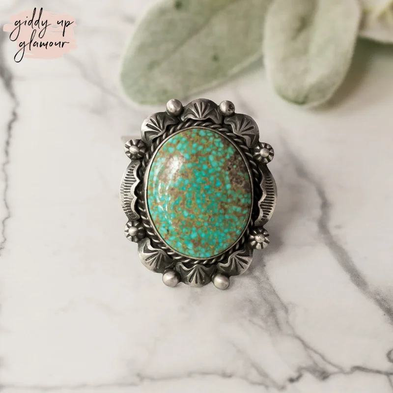 Women’s dainty rings with floral opal motifs -Betta Lee | Navajo Handmade Sterling Silver Ring with Large Green Blue Kingman Turquoise Stone | Size 8