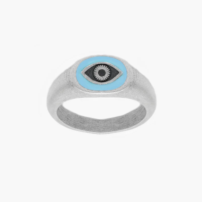 Women’s rings with sunstone gems for glow -Evil Eye Silver Ring With Light Blue Enamel