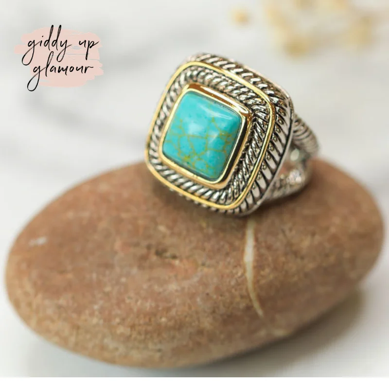 Women’s rings with brushed gold for subtlety -Large Two Toned Ring with Turquoise Stone