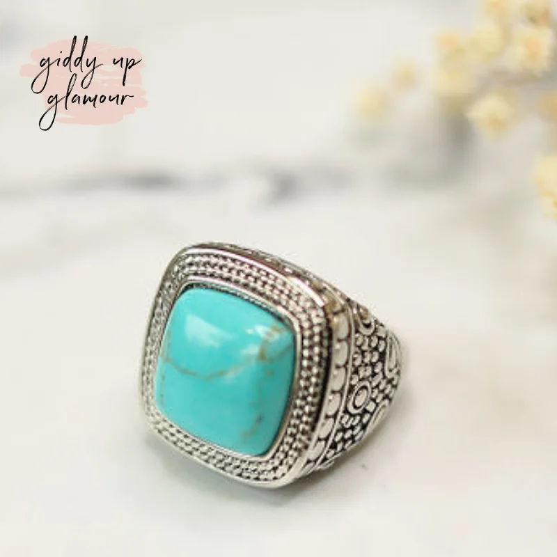 Women’s rings with radiant citrine for shine -Silver Toned Wheat Textured Fashion Ring with Turquoise Stone