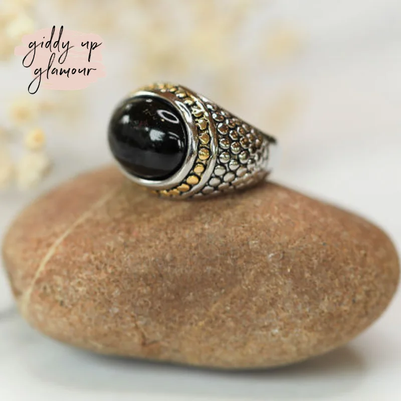 Women’s rings with carved rose quartz designs -Two Toned Dome Fashion Ring with Faux Black Stone