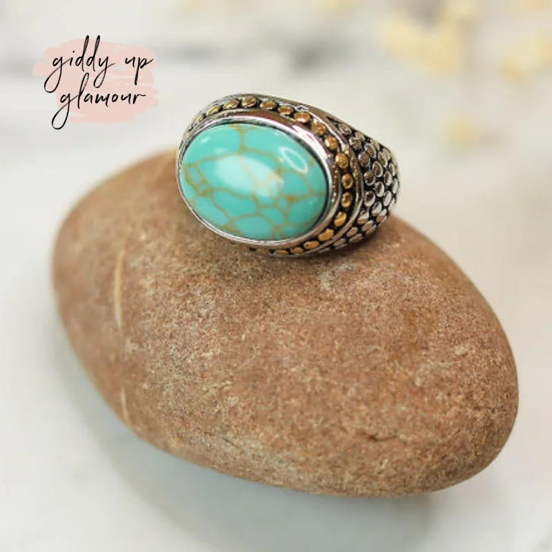 Women’s rings with peacock ore for iridescence -Two Toned Dome Fashion Ring with Faux Turquoise Stone