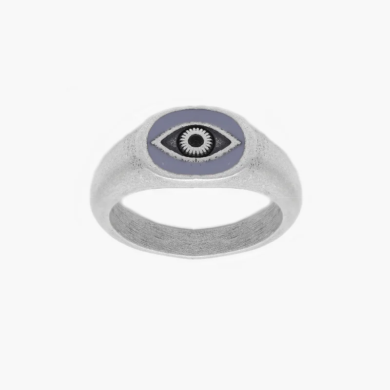 Women’s rings with crescent moonstone for charm -Evil Eye Silver Ring With Grey Enamel