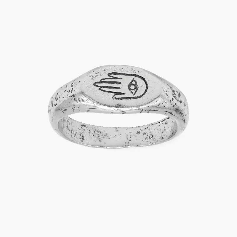 Women’s vintage-style rings with oxidized finish -Engraved Hand With Eye Sterling Silver Ring