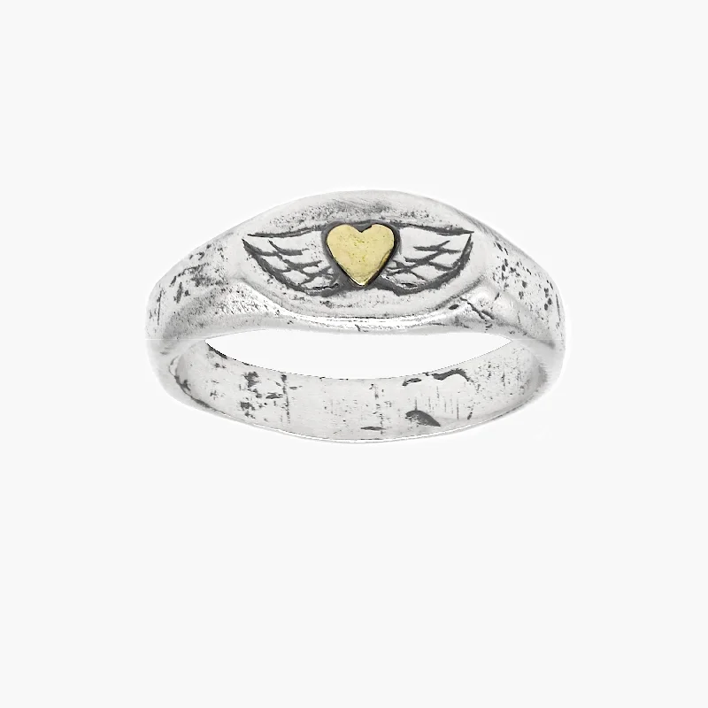 Women’s slim rings with pave sapphire accents -Golden Heart With Wings Sterling Silver Ring